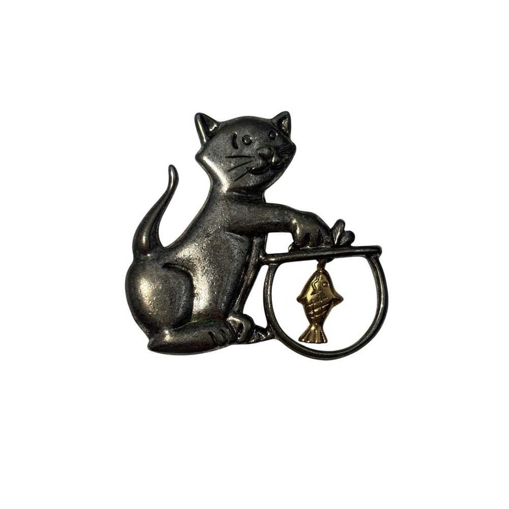 Vintage Style Silver Tone Kitty Cat Watching Dangling Gold Fish Bowl Brooch Pin